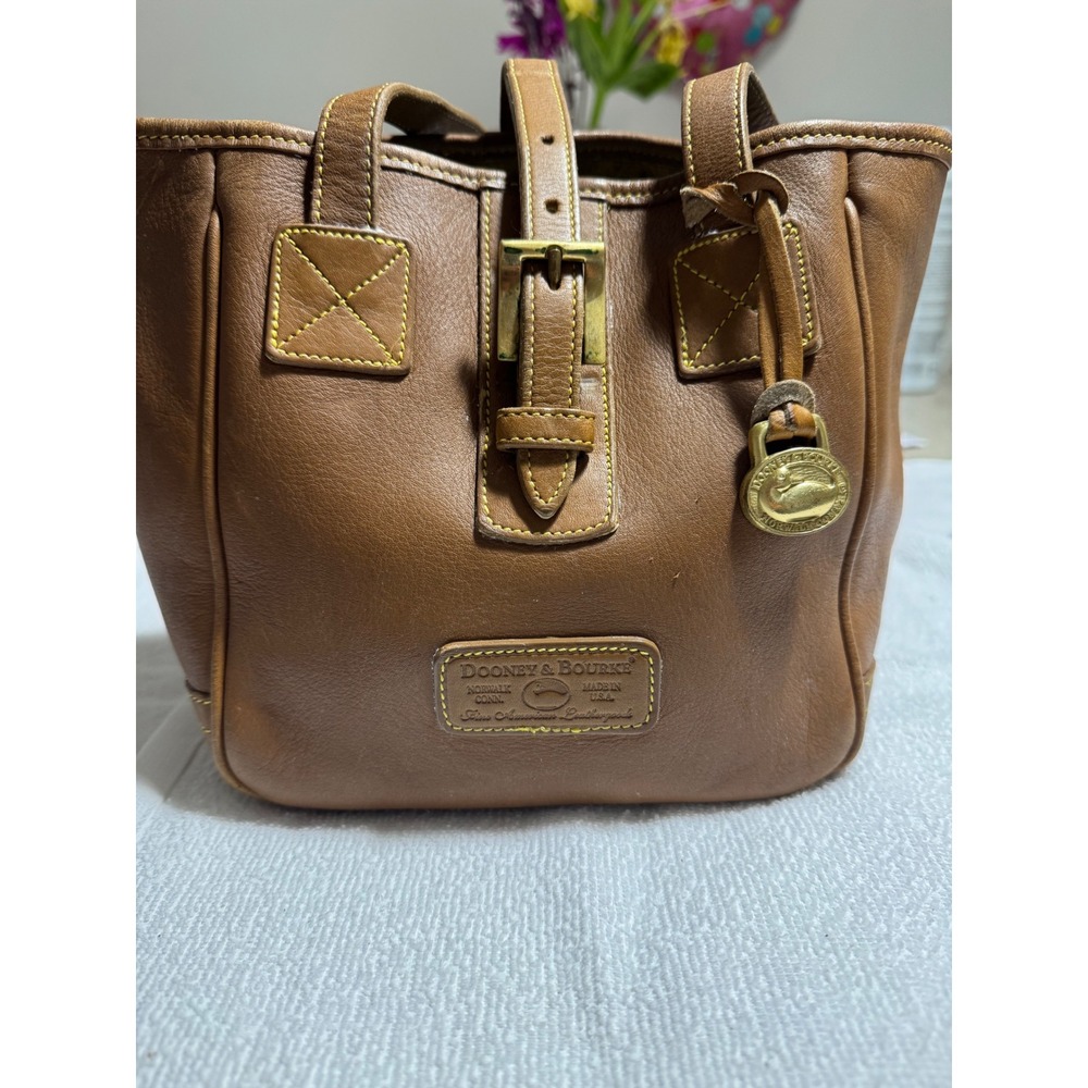 Dooney & Bourke Vintage bucket  Tan Leather Tote Bag Made in USA Brass Duck Fob